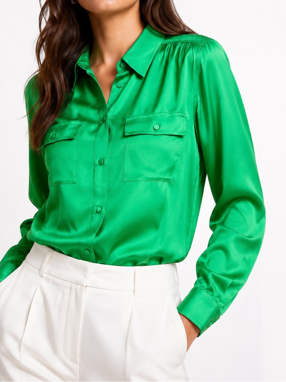 J. CREW Blythe 100% Silk Emerald Green Satin Button-Down Shirt Womens Top